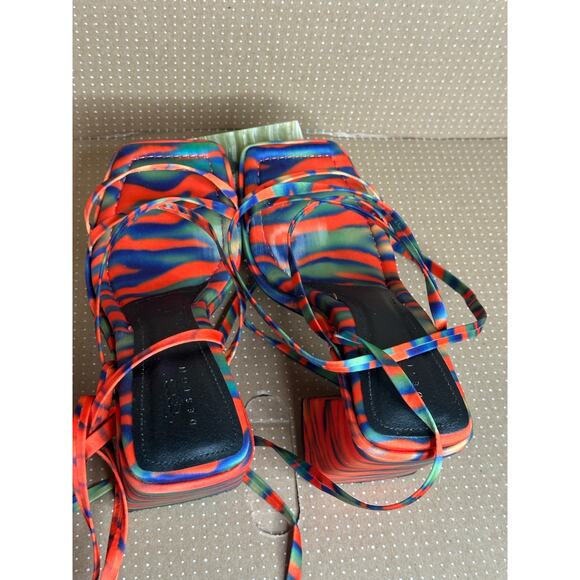 ASOS Design Colorful Orange Blue Heels Strappy Square Toe Tie Up High Heel - Picture 10 of 12